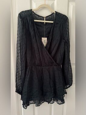 Free People Dark Green Sheer Wrap Tunic with Dotted Texture